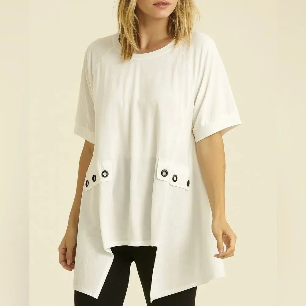 P. Luca Milano White Asymmetrical Tunic Top Grommet Faux Pockets Size M